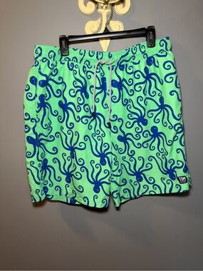 Tom & Teddy Lime Green Swim Shorts with Royal Blue Sea Motif
